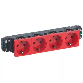   Priză LeGrand Program Mosaic 4x2P+F DLP, blocată, cu flanșă, cu arc, roșie - 77424