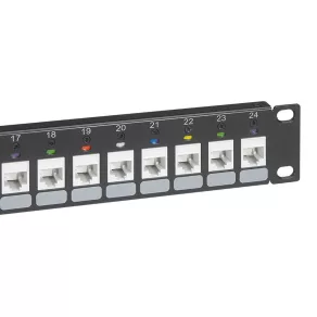   Panou de patch-uri Legrand fără cheie, ecranat (STP) 1U-19" pentru 24 porturi RJ45, cu suport metalic pentru cabluri și disc rotativ de etichetare în 6 culori L - 632792