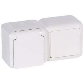   Legrand Forix IP44 fk comutator 1P + priză 2P+F, cu capac cu fixare rapidă, obturator de siguranță, alb - 782371