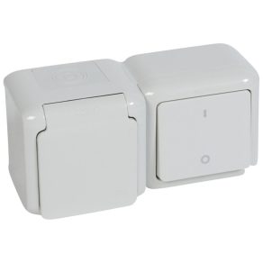   Legrand Forix IP44 fk comutator 2P + priză 2P+F, cu capac cu fixare rapidă, obturator de siguranță, gri - 782392