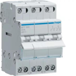   Comutator de selecție Hager SFT340, 3P, 40 A, I-0-II, modular, 3M, punct comun în partea superioară