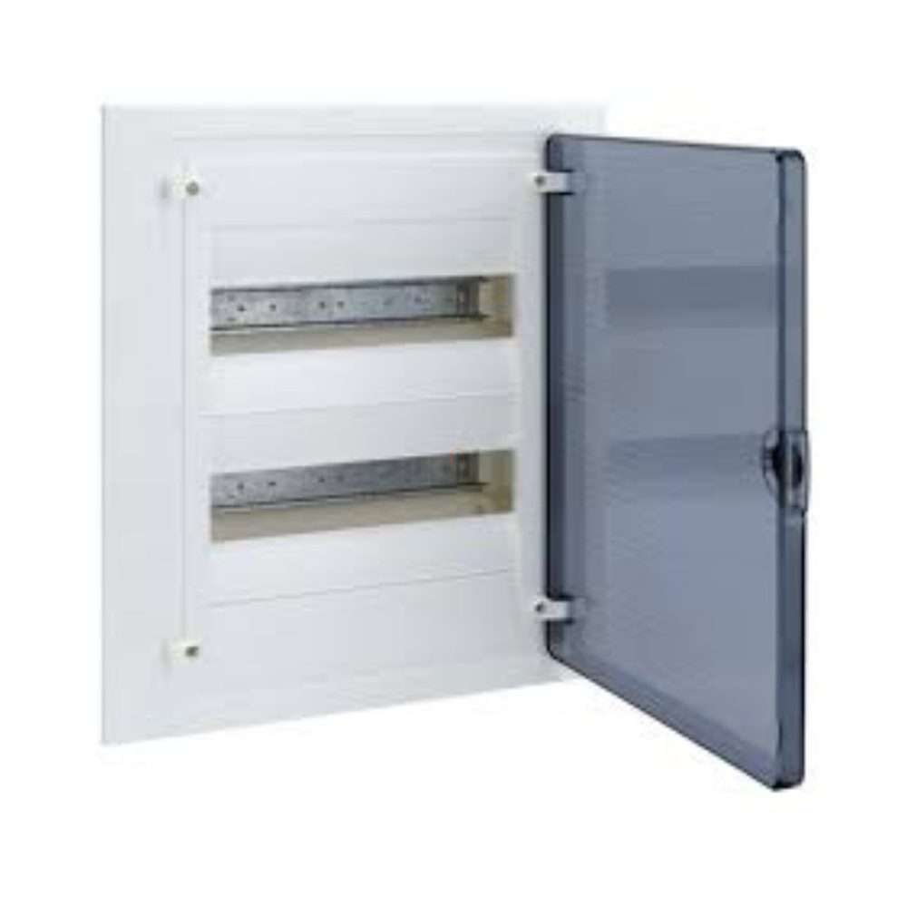 Distribuitor cu 2 rânduri încastrat, cu 24 module și ușă transparentă, IP40, șină PE/N, HAGER Golf VF212TD