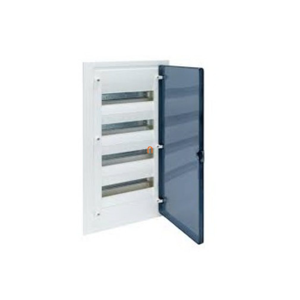 Distribuitor cu 4 rânduri încastrat, cu 48 module și ușă transparentă, IP40, cu șină PE/N, HAGER Golf VF412TD