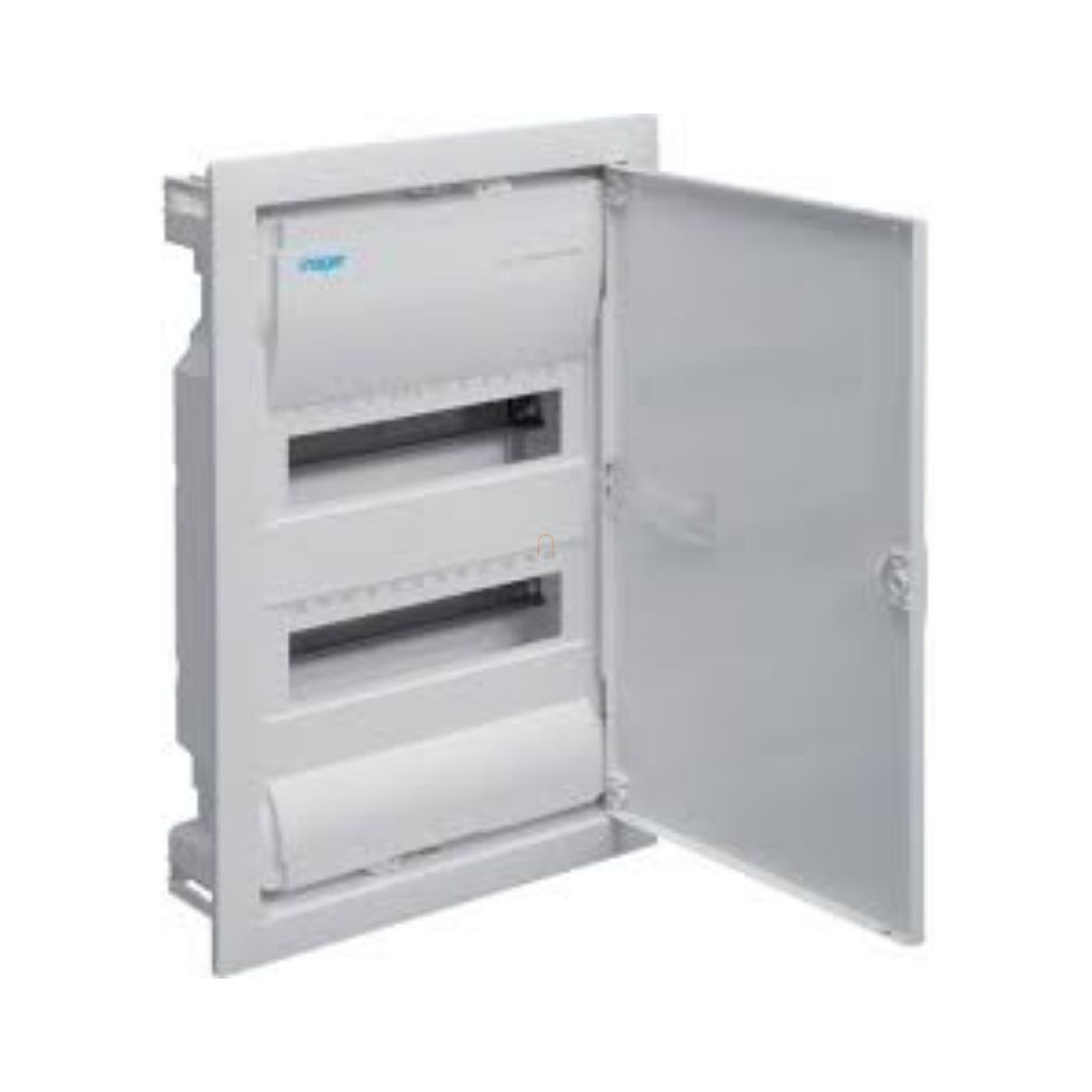 Distribuitor electric încastrat cu 2 rânduri, 24 module cu ușă IP30 PE/N cu șină HAGER Volta VU24NE