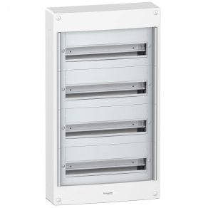   Tabla de distribuție mică Schneider Pragma, montare pe perete exterior, 4x18 (72 module) fără ușă, șină PEN, alb PRA20418