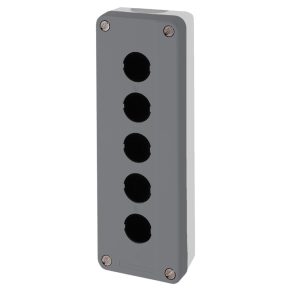   Schneider Electric Harmony XALD – Stație de control goală, 5 decupaje, pentru elemente cu diametrul de 22 mm, cu capac gri închis, protecție IP66/67/69/69K; XALD05H7