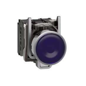   Schneider Electric Harmony XB4 - XB4BW36G5 - buton complet metalic iluminat cu LED, Ø22, retur, 1NO+1NC, 120VAC, albastru