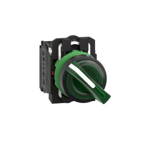   Schneider Electric Harmony XB5 - XB5AK123G5 - comutator selector complet din plastic, iluminat cu LED, Ø22, 2 poziții, 120 VAC, 1NO+1NC, verde