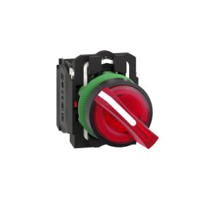   Schneider Electric Harmony XB5 - XB5AK124B5 - comutator selector complet din plastic, iluminat cu LED, Ø22, 2 poziții, 24 V, 1NO+1NC, roșu