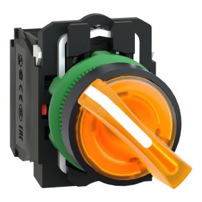   Schneider Electric Harmony XB5 - XB5AK125M5 - comutator selector complet din plastic, iluminat cu LED, Ø22, 2 poziții, 230 VAC, 1NO+1NC, portocaliu