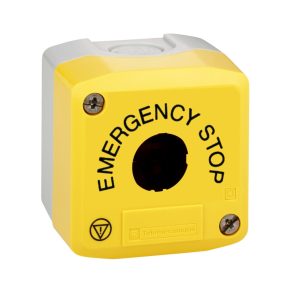  Schneider Electric Harmony XALK - XALK01H29 - carcasă pentru oprire de urgență, galbenă, goală, 1 decupaj, inscripție „EMERGENCY STOP” și logo