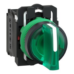   Schneider Electric Harmony XB5 - XB5AK133M5 - comutator selector complet din plastic, iluminat cu LED, Ø22, 3 poziții, 230 VAC, 1NO+1NC, verde