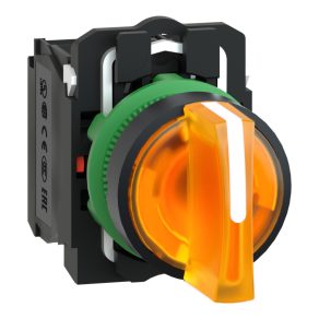   Schneider Electric Harmony XB5 - XB5AK135M5 - comutator selector complet din plastic, iluminat cu LED, Ø22, 3 poziții, 230 VAC, 1NO+1NC, portocaliu