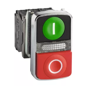   Schneider Electric Harmony XB4 - XB4BW73731G5 - buton cu două capete, integral din metal, Ø22, 1NO+1NC, buton verde „I” + roșu „O” + LED, 120 V c.a.