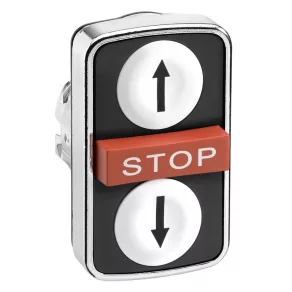   Schneider Electric Harmony XB4 - ZB4BA71114 - buton metalic cu două capete, Ø22, retur, 1-1 buton alb cu săgeată sus/jos, buton roșu STOP în relief