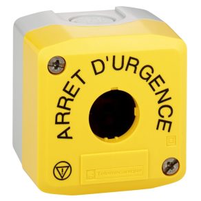   Schneider Electric Harmony XALK - XALK01HFR - carcasă pentru buton de oprire de urgență, galbenă, goală, 1 decupaj, inscripție „ARRET D'URGENCE” și logo