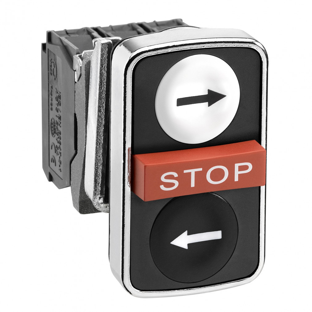 Buton cu cap dublu complet din metal Schneider Harmony, D22, cu revenire, 2NO+1NC, 2 alb/negru dreapta/stânga + 1 roșu proeminent STOP XB4BA711237