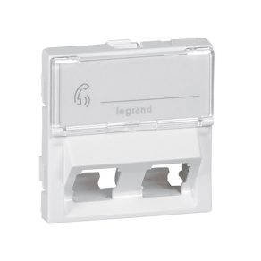   Placă frontală LeGrand Program Mosaic, 2 cadre, Keystone, unghi de 45°, lățime 2 module, cu suport transparent pentru etichete, albă - 78613