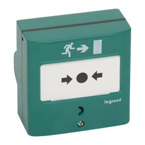   Transmițător manual de semnal Legrand pentru ieșiri de urgență, verde RAL 6016, cu 2 contacte de comutare - 5A-24V=, IP30-IK07 - 138048