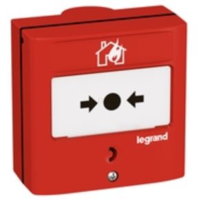   Buton manual LeGrand pentru sisteme de detectare și alarmare incendiu, cu acțiune simplă, roșu RAL 3000, cu 1 contact inversor-5A-24V=, IP30-IK07 - 138069