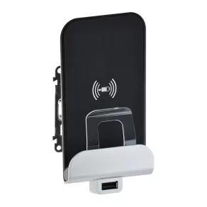   Stație de încărcare wireless Legrand Valena Allure cu conector USB tip A, 2, 4 A/ 12 W, 136,5 x 70 x 56,5 mm, cu dispozitiv antifurt, înclinare 10°, alb - 755114
