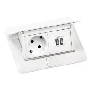   Cutie încastrată Legrand Pop-up cu 4 module, 1x2P+F, 2xUSB (2, 4A), cablu de 2 m cu mufă 2P+F, alb - 654008