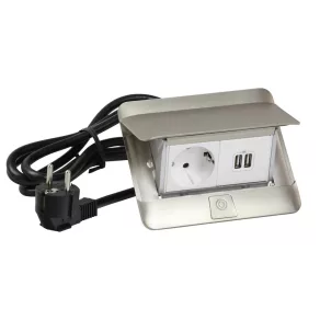   Cutie încastrată Legrand Pop-up echipată cu 4 module, 1x2P+F, 2xUSB (2, 4A), cablu de 2 m cu mufă 2P+F, oțel inoxidabil - 654009