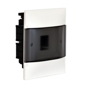   Legrand PractiboxS 1 rând 4 module, cutie de distribuție mică pentru încastrare în zidărie (650 °C), cu ușă transparentă de culoare fumurie, împământare de protecție și terminal de distribuție neutru - 134154