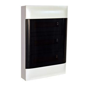   Legrand PractiboxS seria 3, 12 module, cutie de distribuție montată la suprafață (650 °C), cu ușă transparentă de culoare fumurie, terminal de protecție la împământare și terminal neutru - 135213