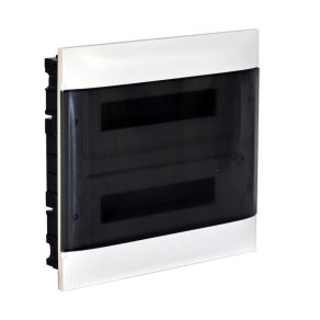   Legrand PractiboxS 2 rânduri 18 module, cutie de distribuție încastrată pentru gips-carton (850 °C), cu ușă transparentă de culoare fumurie, împământare de protecție și terminal de distribuție neutru - 137177