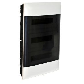   Legrand PractiboxS gipszkartonba süllyeszthető kiselosztó, 3 sor 18 modul, átlátszó füstszínű ajtóval, védőföld és nulla elosztókapoccsal - 137178