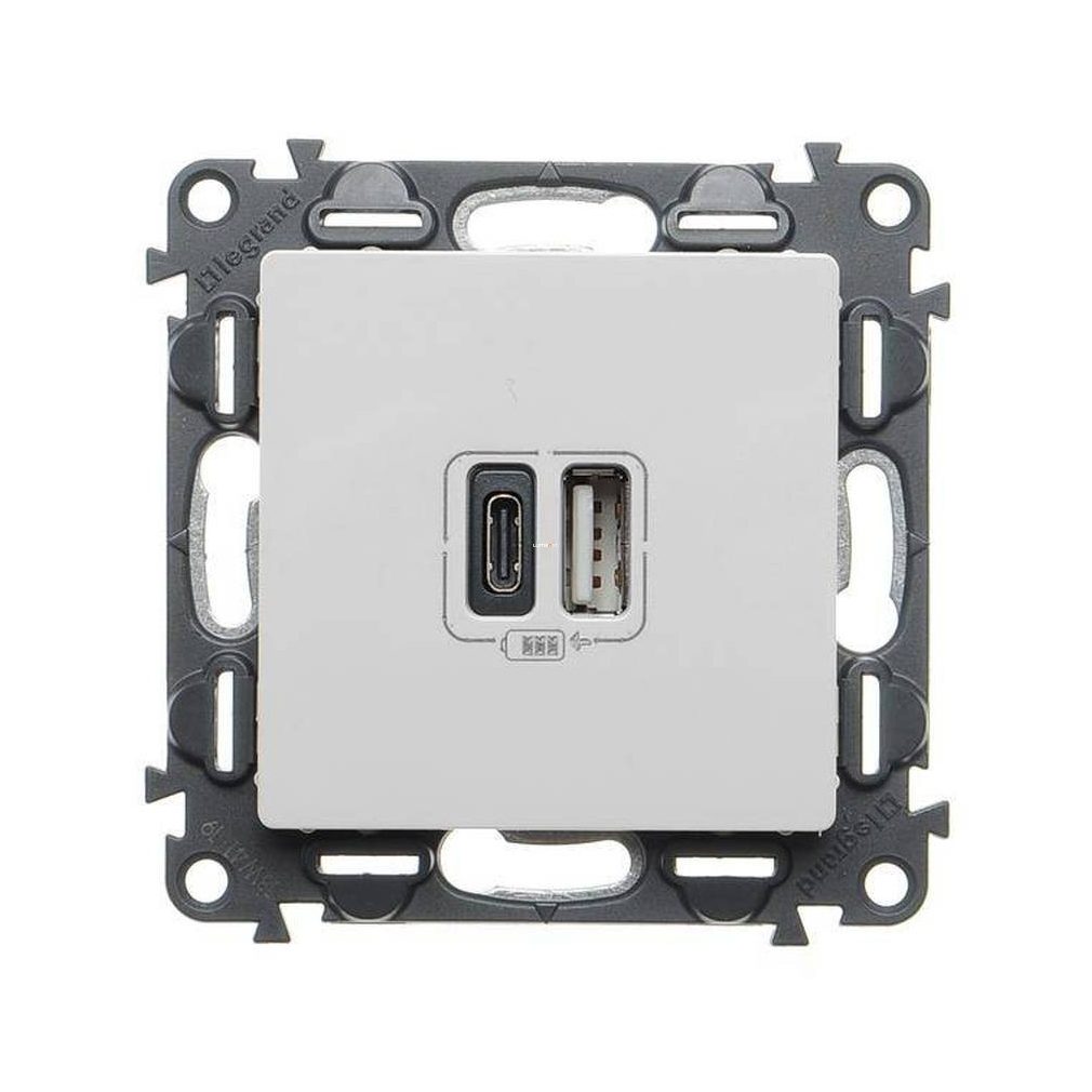 Legrand Valena Life alb Priza dublă USB tip C + USB tip A, 5V–3A–15W, protecție la supratensiune >1kW, Clasa II SELV, 753106