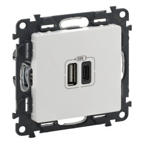   Priză de încărcare Legrand Valena Life cu conectori dubli USB tip C + USB tip A, 5 V–3 A–15 W, protecție la supratensiune <gt/>1 kW, SELV clasa II, alb - 753106
