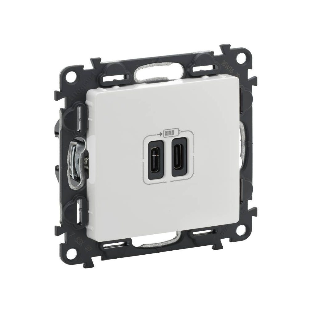 Legrand Valena Life alb Priză dublă cu conector USB tip C, 5V–3A–15W, protecție la supratensiune >1kW, Clasa II SELV, 753107