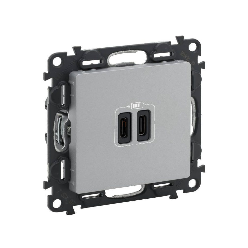 Legrand Valena Life priză de încărcare din aluminiu cu două conectori USB de tip C, 5V–3A–15W, protecție la supratensiune >1kW, Clasa II SELV, 753307