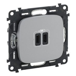   Priză Legrand Valena Allure cu conector dublu USB tip C, 5 V–3 A–15 W, protecție la supratensiune >1 kW, SELV clasa II, aluminiu - 755347