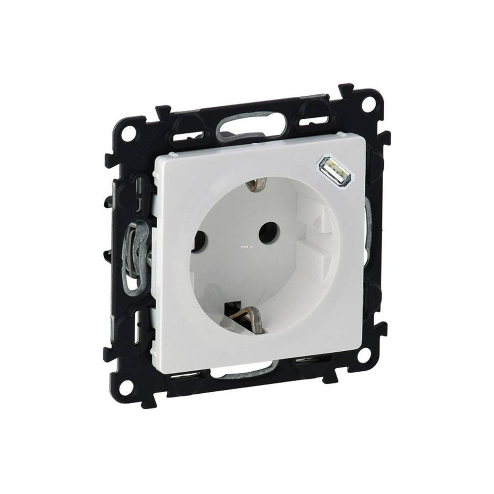 Legrand Valena Life alb 2P+F priză + USB C-típusú 1,5A-5V-7,5W încărcător, fixare cu unghii/șuruburi, cu arc, 753135