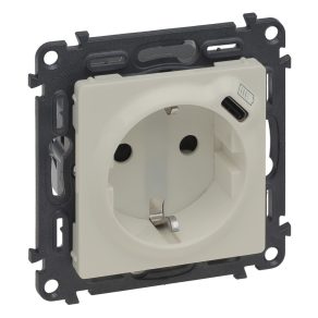   Priză Legrand Valena Life 2P+F + priză de încărcare USB-C 1, 5A-5V-7,5W, fixare cu clemă/șurub, conexiune cu arc, culoare fildeș - 753235