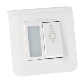   Unitate de apel/confirmare pentru asistente medicale Legrand Program Mosaic cu buton, cu indicator luminos roșu, suport de montare și ramă albă, antimicrobiană - 076685L