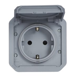   Priză Legrand Plexo 55 2P+F cu capac cu fixare prin clip, conexiune cu șurub, gri - 069571L