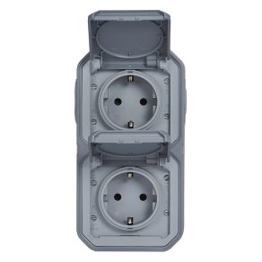   Priză verticală Legrand Plexo 55 montată la suprafață, 2x2P+F, pre-cablată, cu capac cu fixare prin clip, asamblată, gri - 069744L