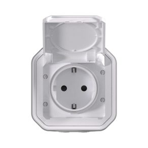   Priză Legrand Plexo 55 montată la suprafață, 2P+F, cu capac cu fixare prin clip, asamblată, conexiune cu șurub, albă - 069771L