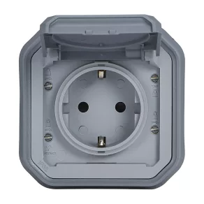   Priză Legrand Plexo 55 încastrată 2P+E cu capac cu fixare prin clip, asamblată, conexiune cu șurub, gri - 069833L