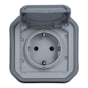   Priză Legrand Plexo 55 încastrată 2P+F cu capac cu fixare prin clip, asamblată, cu inel de fixare și racord cu șurub, gri - 069834L