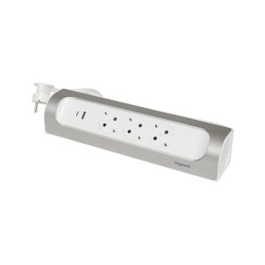   Priză multiplă Legrand pentru montare în colț, 3x2P+F, USB-A + USB-C, cu cablu de 1 m, alb-aluminiu - 694502