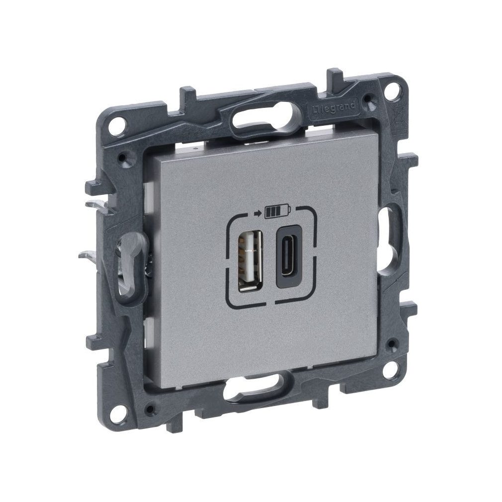 Legrand Niloé Step aluminiu 2xUSB-A+C priză de încărcare 5V 3A 15W (863340)