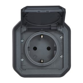   Priză Legrand Plexo 55 montată la suprafață, 2P+F, cu capac cu fixare rapidă, asamblată, cu cablaj cu arc, antracit - 069799L