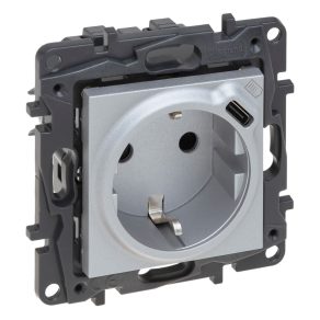   Priză combinată Legrand Niloé Step 2P+F + USB-C, (cu arc), cu obturator de siguranță, aluminiu - 863326