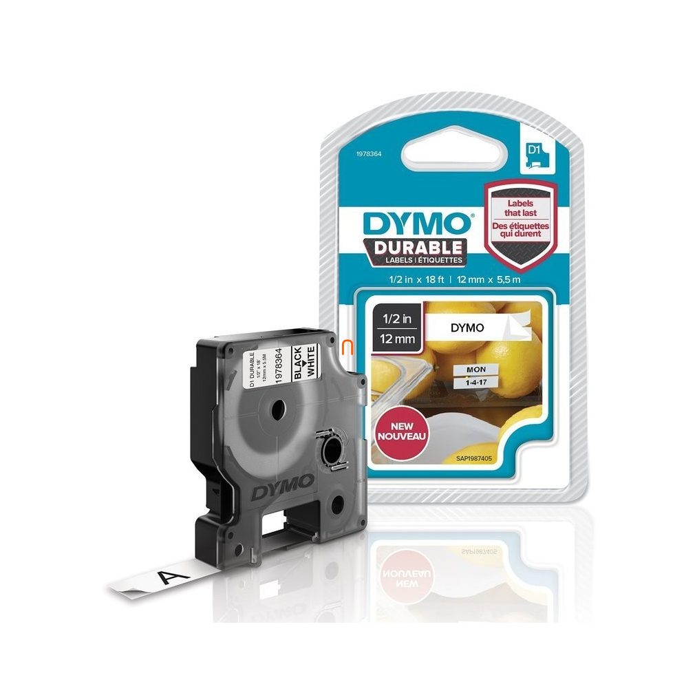 DYMO bandă durabilă D1 (12 mm x 5,5 M), negru pe alb 1978364