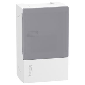   Schneider Electric Resi9 Mini Pragma - MIP12104T - Tablou de distribuție mic, ușă transparentă din sticlă mată, montare pe suprafață, 1x4 module, șină PEN, alb